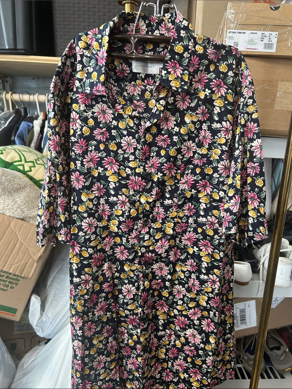 Floral Button-Front Midi Dress in Black with Pink & Yellow Blooms